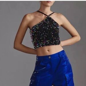 Anthropologie Black and Rainbow Sequin Crop Top